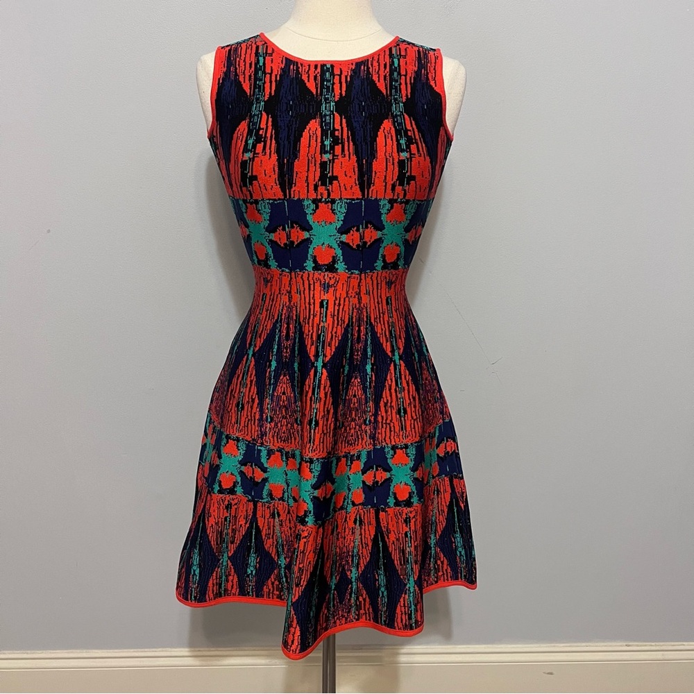 Dhela London Knit Fit Flare Dress Abstract Ikat Geometric Small
